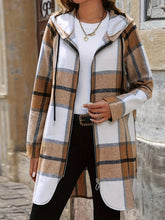 Drawstring Plaid Zip Up Hooded Outerwear Camel OutfitFlow